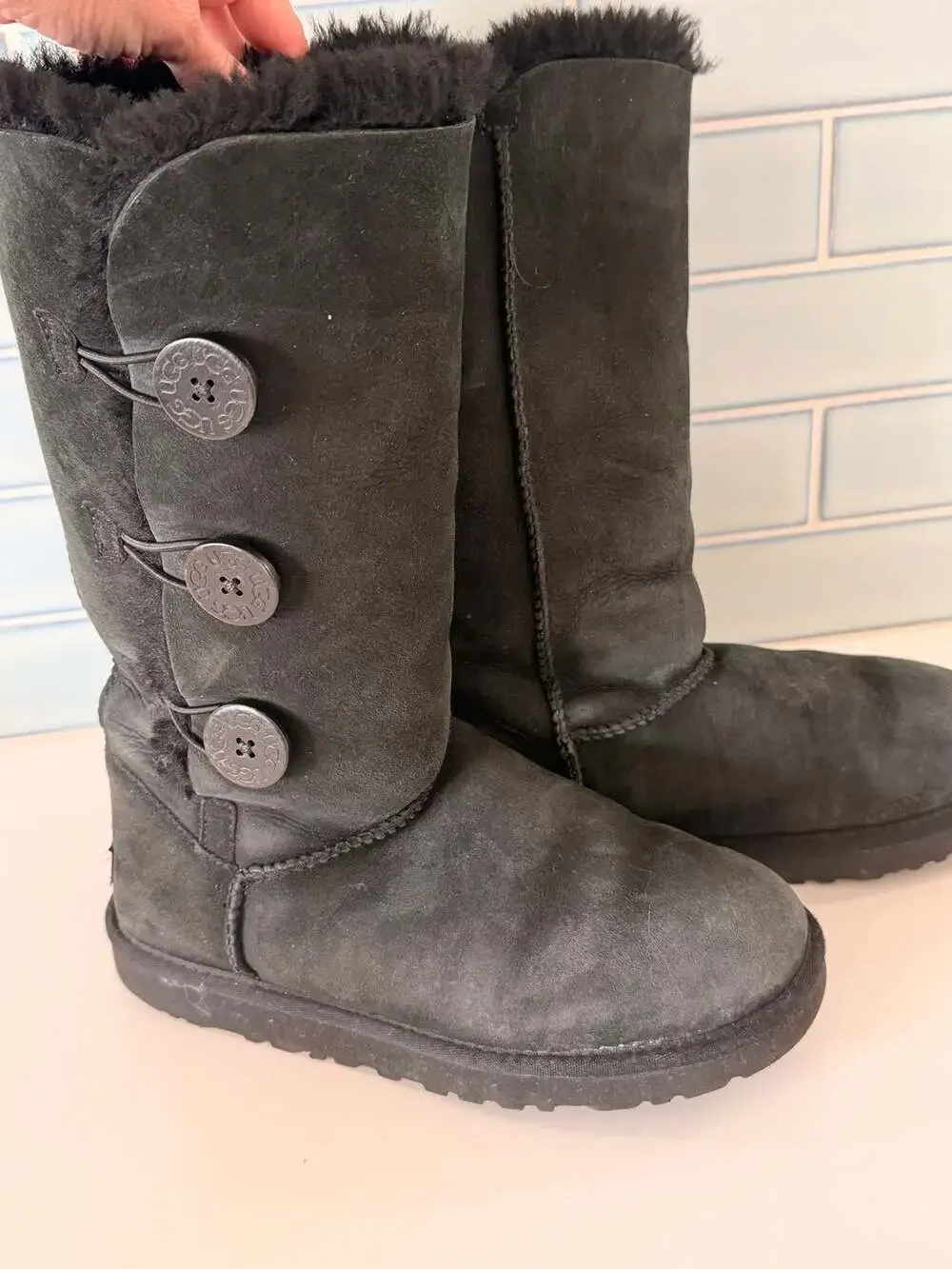 UGG Women's Bailey Button Triplet Boots Black Suede- gently worn - size 7